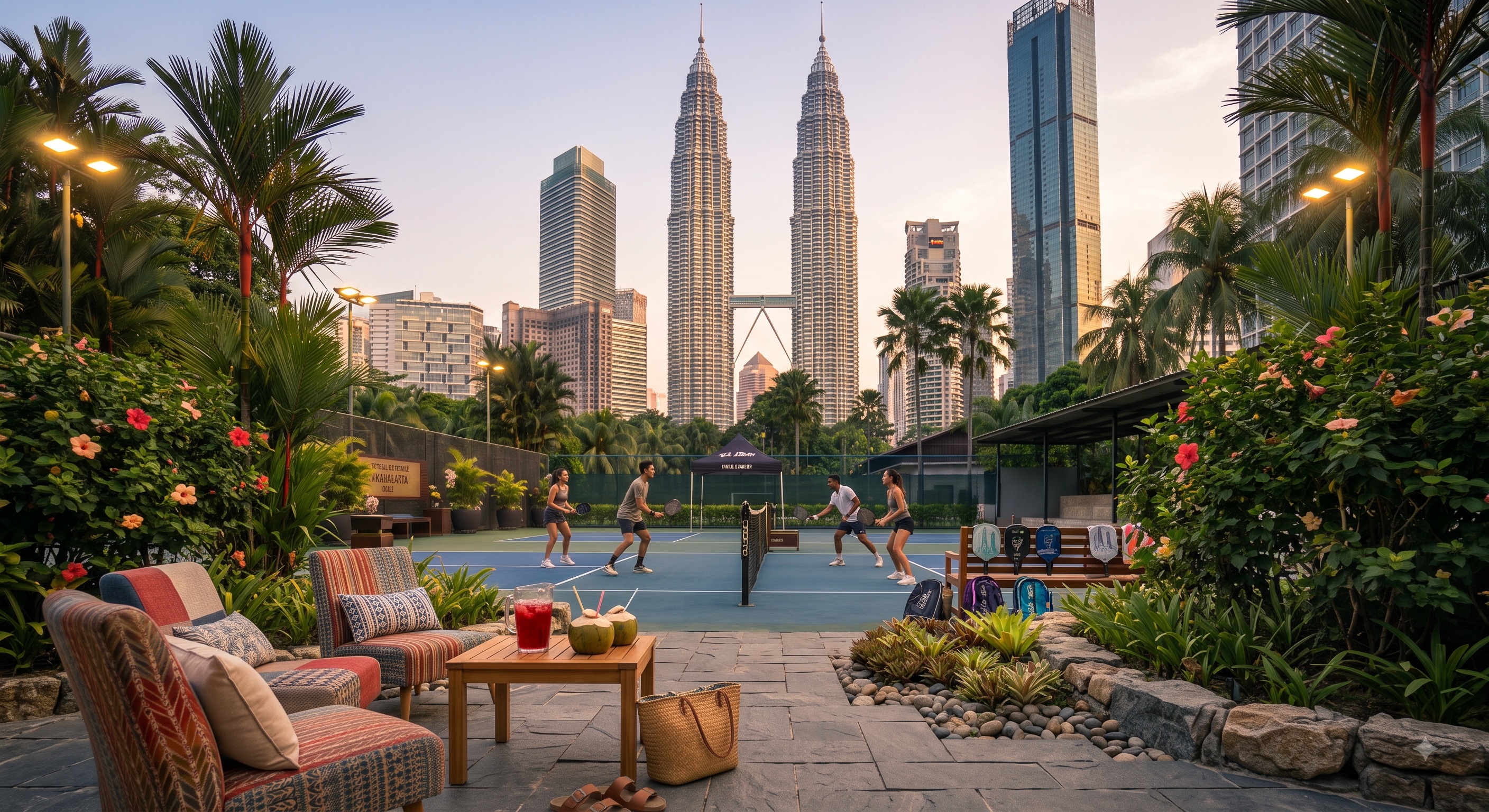 Pickleball court with Kuala Lumpur skyline